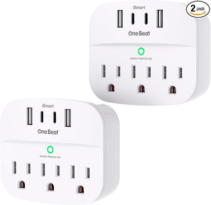 One Beat 2 Pack Multi Plug Outlet Splitter with USB,Surge Protector Outlet Extender with 3 Wall Outlets 4 USB Wall Charger(2 USB C),490 J, ETL Listed,Small Outlet Adapter Plug Extender for Travel,WH