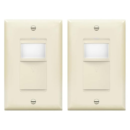 LIDER Motion Sensor Switch with Wall Plate, PIR Sensor Light Switch, Occupancy & Vacancy Modes, No Neutral Wire Required, 120V, 60Hz, 150W LED/CFL, Single Pole, LPS-1P-LAWP2P, Light Almond, 2 Pack