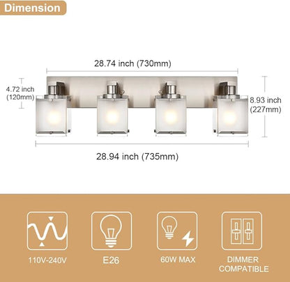 WINSHEN 4-Lights Bathroom Light Fixtures Over Mirror, Brushed Nickel Vanity Wall Mounted Lighting with Frosted Glass for Kitchen Living Room, E26 Bulb Base