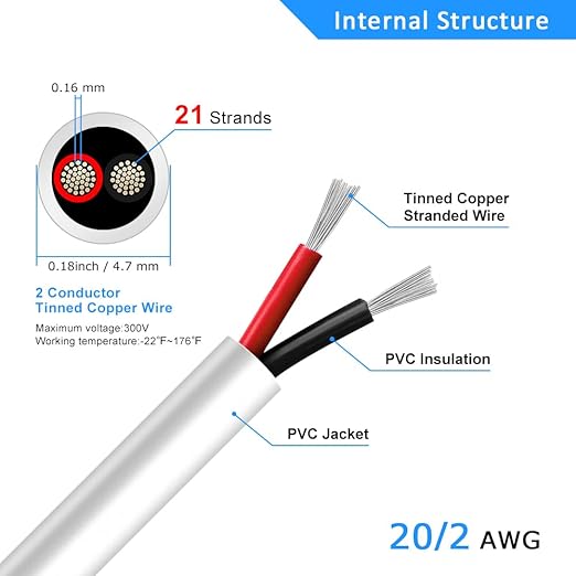 DEKIEVALE 20 Gauge 2 Conductor Electrical Wire, 32.8FT White Stranded Low Voltage 20/2 Cable PVC Case, 20 AWG Tinned Copper 2 Wire Cable Extension Power Cable for Strips LED Lamp Lighting Automotive