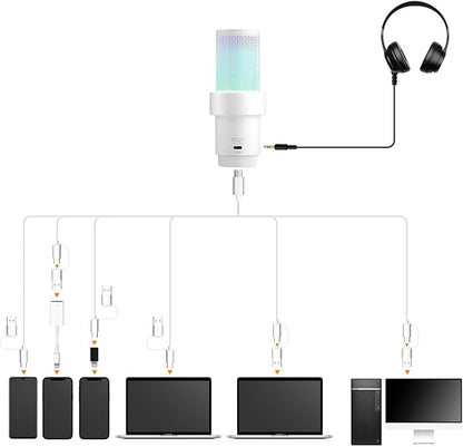 COMICA Wireless USB Microphone for Computer and Smartphone,48kHz/24bit RGB Cardioid Condenser Gaming Mic for Podcasting,Streaming,Recording,Music Creation,with Boom Arm Stand-White (EJoy Uni Pro A)