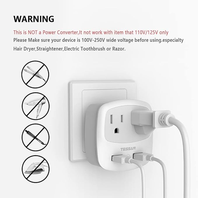 TESSAN US to UK Plug Adapter, Type G Travel Adaptor with 2 USB 2 Electrical Outlets, UK Power Adapter for USA to Ireland England London Scotland British Dubai Kenya Hong Kong Qatar, 2-Pack
