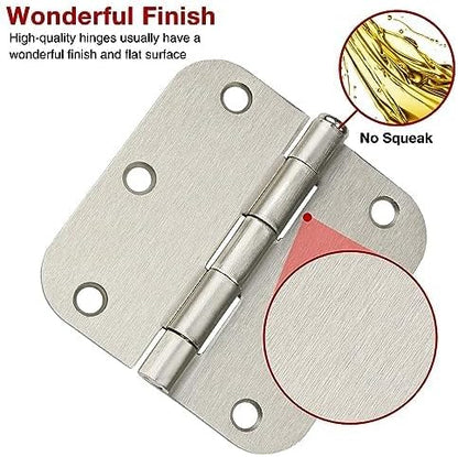 12 Pack Interior 3.5" Brushed Nickel Door Hinges for Doors 3 1/2 Inch Rounded 5/8" Noise Free Residential Standard Hinge for Study Spare/Play/Lounge/Bed Room,Walk-in Closet,DIY Table,Celler,Balcony