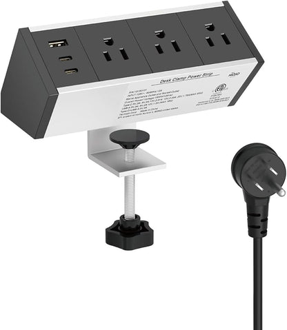 Tecmojo Desk Clamp Power Strip 3 Outlet with 1 USB A and 2 USB C Ports, 6 ft Cord, Desk Outlet Station Fit 1.6" Tabletop Edge,ETL Listed,Black