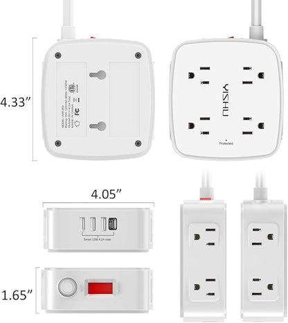 6 Ft Surge Protector Power Strip - 8 Widely Outlets with 4 USB Ports, 3 Side Outlet Extender with 6 Feet Extension Cord, Flat Plug, Wall Mount, Desk USB Charging Station, ETL,White
