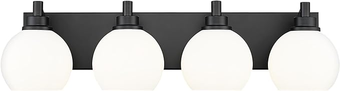 METWET Bathroom Light Fixtures, 4 Light Matte Black Vanity Light, 26 Inch Modern Wall Sconces with Globe Milk White Glass Shade, Vanity Lighting Fixtures Over Mirror, VL195-MB-ML-4