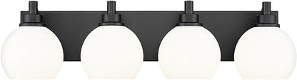 METWET Bathroom Light Fixtures, 4 Light Matte Black Vanity Light, 26 Inch Modern Wall Sconces with Globe Milk White Glass Shade, Vanity Lighting Fixtures Over Mirror, VL195-MB-ML-4