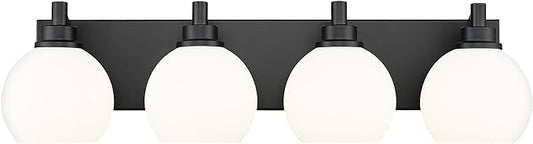 METWET Bathroom Light Fixtures, 4 Light Matte Black Vanity Light, 26 Inch Modern Wall Sconces with Globe Milk White Glass Shade, Vanity Lighting Fixtures Over Mirror, VL195-MB-ML-4