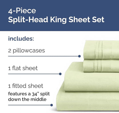 Split Head King Sheet Set – 4 Piece Flex Split Top King Sheets for Adjustable Beds - Fits 14” to 16" Mattress w/ Deep Pockets - Breathable & Cooling - Luxury Bedding & Wrinkle Free - Light Sage Green