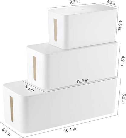 3 Pack Cable Management Box with 18 PCS Cable Management Set - Large & Medium & Small Cable Organizer Box to Hide Wires & Power Strips | TV Cord Organizer Box | for Home & Office, White