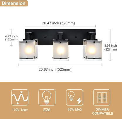 WINSHEN 3-Lights Bathroom Light Fixture Over Mirror, Modern Black Wall Sconce Vanity Lighting Fixtures with Rectangular Frosted Glass Shade for Bathroom Kitchen Bedroom, E26 Bulb Base