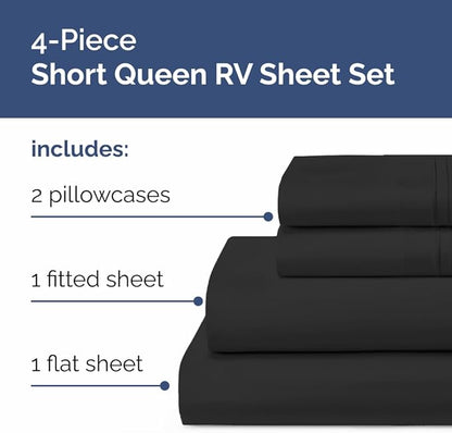RV Short Queen Sheet Set 60 X 75 - 4 Piece RV Short Queen Bed Sheets - Soft, Breathable and Cooling - Designed for Bunks, Trailers & Campers - Fits 8” to 12" Mattress - Hotel Luxury Bedding - Black