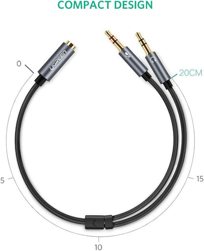 UGREEN Headphone Splitter for Computer 3.5mm Female to 2 Dual 3.5mm Male Braided Audio Splitter Cable Microphone Stereo Jack Earphones Port Cord Gaming Headset to PC Laptop Adapter Black