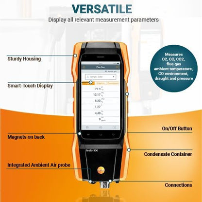 testo 300 Combustion Analyzer HVAC Kit with Printer - Combustion Leak Tester for Flue Gas, Draft, Differential Pressure & Ambient CO - Natural Gas Leak Tester with Probes - CO Meter with Touch Display