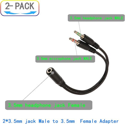 ZJKJHJY 3.5mm Audio Y Splitter Cable, Headphone and Microphone Adapter, 200mm Braided Cable, 2-Pack, Black