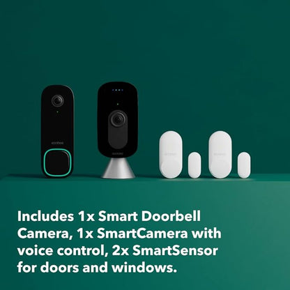 ecobee Home Security Bundle with Smart Doorbell Camera (Wired), SmartSensor for Doors and Windows, and SmartCamera with Voice Control.