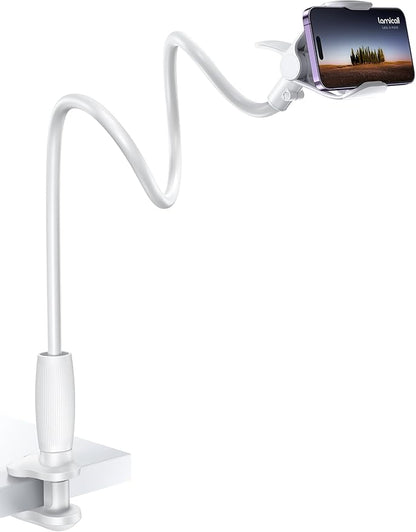 Lamicall Gooseneck Phone Holder for Bed - 360 Adjustable Clamp Clip, Overhead Cell Phone Mount Stand for Desk, Compatible with All Cellphone, White