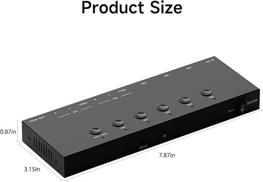 5 in to 1 Out RCA/HDMI Switcher，3 Way HDMI 2.0 + 2 RCA to HDMI Converter, Support 4:3/16:9 4K and 3D for PS1/2/3/4/5, N64, SNES, Switch, DVD, Roku, etc.