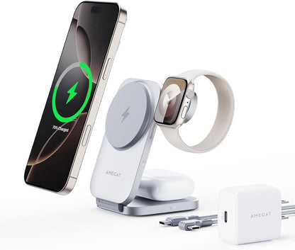 MagFusion Z 3-in-1 Charging Station Compatible with MagSafe, Qi2 Certified 15W Wireless Foldable Charger, for iPhone 16/15/14/13/12, AirPods 4/3/2/Pro, Apple Watch Charger, Silver