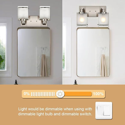 WINSHEN 2-Lights Wall Sconce Lighting, Brushed Nickel Bathroom Vanity Light Fixture with Rectangular Frosted Glass for Over Mirror, E26 Bulb Base