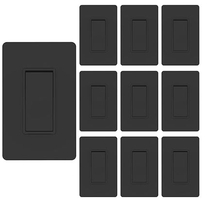 ThunderWay Matte Black Single Pole Decorator Light Switch with Screwless Wall Plate, 15 A 120/277 V, ON/Off Rocker Paddle Interrupter, Self-Grounding, Residential Grade,UL Listed (10 Pack)