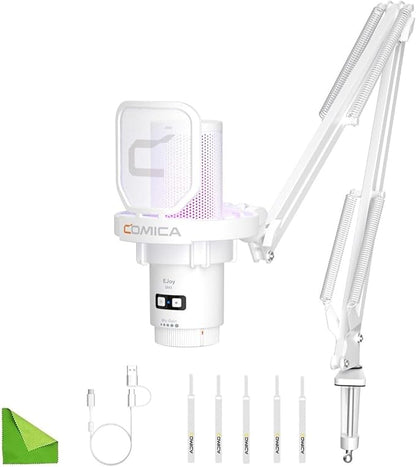 COMICA EJoy Uni A USB Microphone for Computer and Smartphone,RGB Cardioid Condenser Gaming Mic for Podcasting,Streaming,Recording,Music Creation,with Boom Arm Stand-White