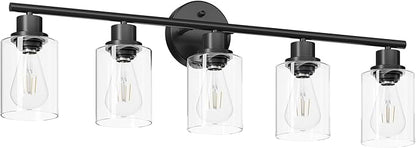 Guliaofo 5-Light Black Bathroom Vanity Lights, E26 Modern Bathroom Light Fixtures with Clear Glass Shade, Mirror Kitchen Hallway Cabinet Living Room Sconces Wall Lights