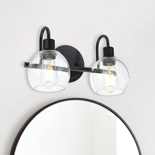 WINSHEN Black 2-Lights Wall Sconce Lighting with Seeded Glass Lampshades Industrial Bathroom Vanity Light Fixtures for Hallway Kitchen Bedroom