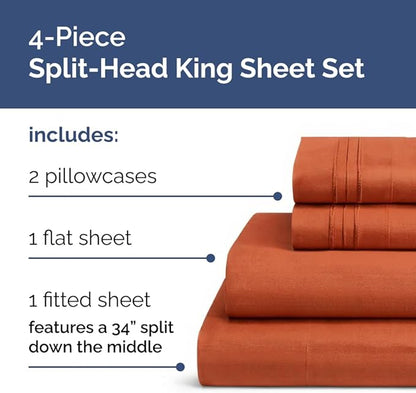 Split Head King Sheet Set – 4 Piece Flex Split Top King Sheets for Adjustable Beds - Fits 14” to 16" Mattress w/ Deep Pockets - Soft, Breathable & Cooling - Luxury Bedding & Wrinkle Free - Terracotta