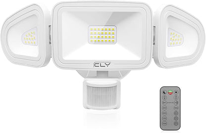 CLY 42W LED Security Lights Motion Sensor Light, 3600LM 5000K, IP66 Waterproof Outdoor Flood Lights, Adjustable Brightness 3 Head Floodlight Remote Control 4 Modes for Garage Yard Eave -White