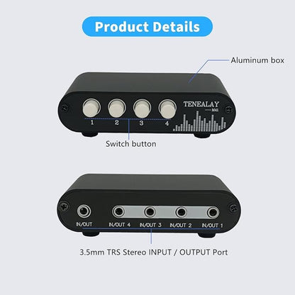 TENEALAY 4 in 1 Out / 1 in 4 Out AUX 3.5mm Stereo Audio Input Signal Source Switcher, 4-Way Switch Selector Splitter Box M41