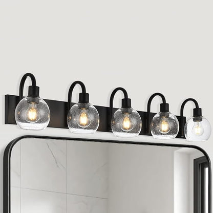WINSHEN Bathroom Light Fixtures 5-Lights Matte Black Farmhouse Vanity Lighting with Seeded Globe Glass for Over Mirror