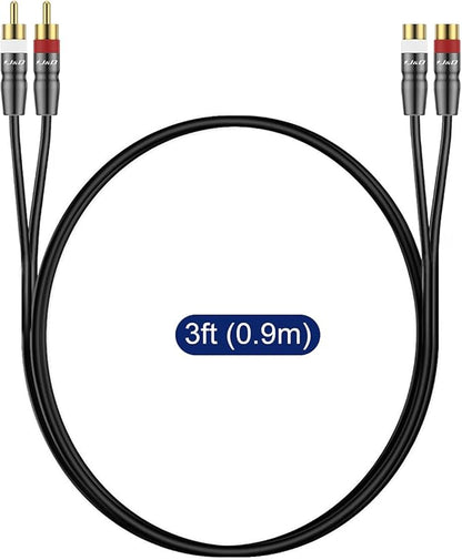 J&D 2 RCA Extension Cable Male to Female, Copper Shell Gold-Plated 2RCA Male to 2RCA Female Cable Stereo Audio Extender Cord Adapter, 3 Feet
