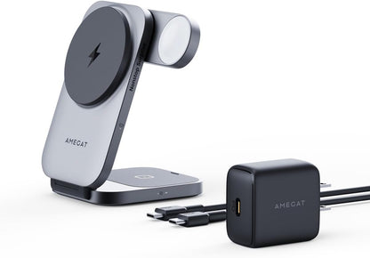 3 in 1 Charging Station, MagFusion Z Foldable Qi2 Certified 15W Wireless Charger Stand Compatible with MagSafe for iPhone 16/15/14/13/12, Apple Watch, AirPods (30W PD Charger Included)