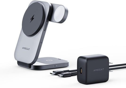 3 in 1 Charging Station, MagFusion Z Foldable Qi2 Certified 15W Wireless Charger Stand Compatible with MagSafe for iPhone 16/15/14/13/12, Apple Watch, AirPods (30W PD Charger Included)