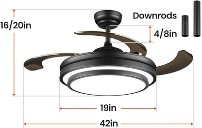 42 Inch Black Modern Ceiling Fan with Lights and APP Control,Retractable Fandelier Celing Fan with Light, 6 Speed,Light Dimmable Memory,Silent Reversible Motor for Bedroom Kitchen Living Room