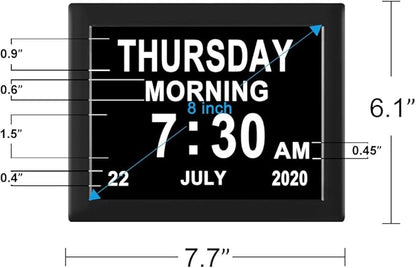 LaMi Products 7.85 Inch Dementia Clock for Seniors - Extra Large Display Digital Wall Clock with Day & Date, 12 Custom Alarms - High Contrast for Low Vision, Memory Care (Black)