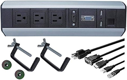 Electriduct Power and Data Center Edge Mount Tabletop - 3 Power Outlets, 1 CAT6 RJ45, 1 VGA, 1 HDMI, 2 USB Passthrough