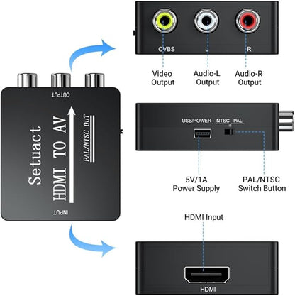 Setuact HDMI to AV Converter, HDMI to RCA Converter, Supports PAL/NTSC for Apple TV, Roku, Fire Stick, Blu-ray, DVD Player, Older TV, Projector, (Single)