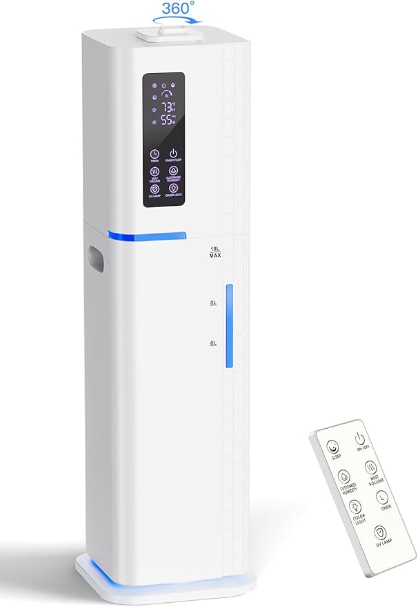 Zeova 10L/2.64Gal Humidifiers for Bedroom, Top Fill Quiet Ultrasonic Cool Mist Humidifier Large Room, Covers 550ft², 60H Runtime, 24H Timer, 3 Mist Modes Humidifiers for Home, Office, Plants, White