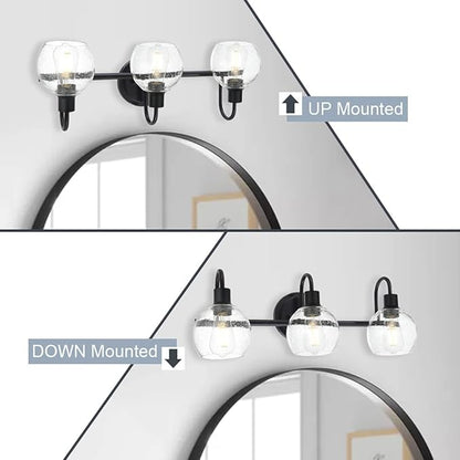 WINSHEN Modern 3-Lights Black Vanity Light Fixtures Farmhouse Metal Bathroom Lighting with Seeded Globe Glass for Hallway Kitchen Over Mirror Bedroom