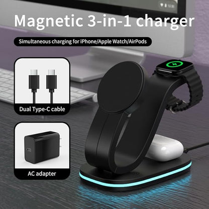 3 in 1 Wireless Charging Station for Qi2 Apple Multiple Devices, 30W USB C Adapter&Light, Fast Mag-Safe Charger Stand Compatible with iPhone 16 15 14 Pro Max, Apple Watch Series 10 9 & Airpods 4 3 Pro