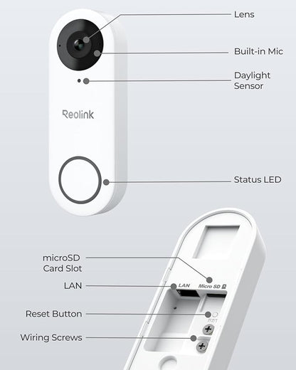 REOLINK 2K Video Doorbell Wi-Fi Camera with Chime, 3:4 Head-to-Toe View, 180°View, 5/2.4 GHz Wi-Fi, 2-Way Talk, Person/Package Detection, Waterproof, Smart Alerts, Works NVR(Wired)