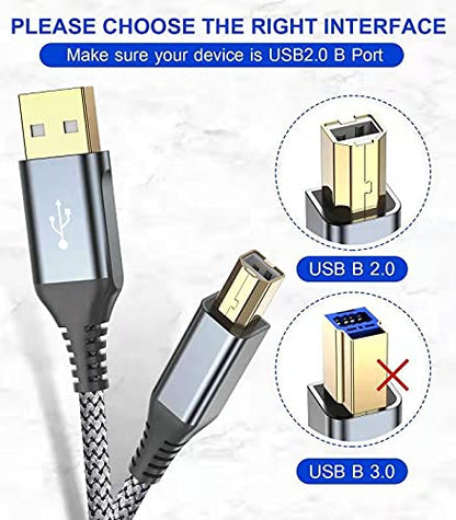 sweguard Printer Cable 6.6ft, USB 2.0 Midi Cord USB-A to USB-B Cable, High Speed Nylon Braided Scanner Printer Cord for HP Canon Dell Epson Brother Lexmark Xerox Samsung Piano DAC & More - Grey