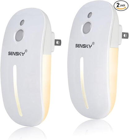Sensky [2 Pack Plug in Night Light with Auto Dusk to Dawn Sensor, Brightness Adjustable, Dimmable Night Light for Bathroom, Kitchen, Hallway, Stairs, Garages (with Front Light and Back Light)