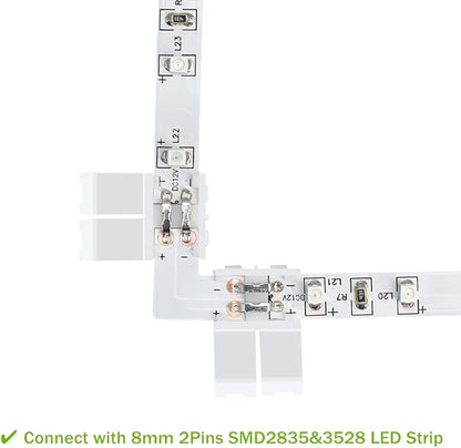 LightingWill 10pcs Pack L Shape Solderless Snap Down 2Conductor LED Strip Connector for Right Angle Corner or 90 Degree Connection of 8mm Wide 3528 2835 Single Color Flex LED Strips