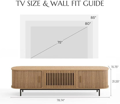 POVISON Fully-Assembled Mid Century Modern TV Stand for 75 inch TV, Sliding Door Entertainment Center with Storage, Wood TV Console, Media Console for Living Room Bedroom(Oak, 78.74")