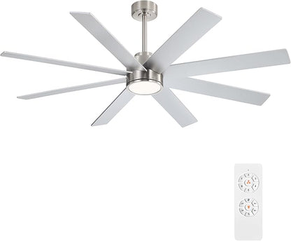 WINGBO 60" Large DC Ceiling Fans with Lights and Remote, 3 Downrods, 8 Plywood Blades, 6-Speeds Reversible DC Motor, 3CCT, Indoor Ceiling Fan for Bedroom Living Room Patio, Brushed Nickel and Silver