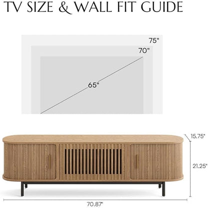 POVISON Fully-Assembled Mid Century Modern TV Stand for 70 inch TV, Sliding Door Entertainment Center with Storage, Wood TV Console, Media Console for Living Room Bedroom(Oak, 70.87")