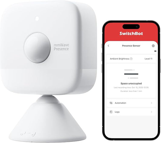 SwitchBot Smart mmWave Radar Motion Sensor, Bluetooth Presence Sensor with Dynamic Detection & Zone Positioning, Compatible with Alexa, HomeKit & Apple Home via SwitchBot Hub, 2-Year Battery Life